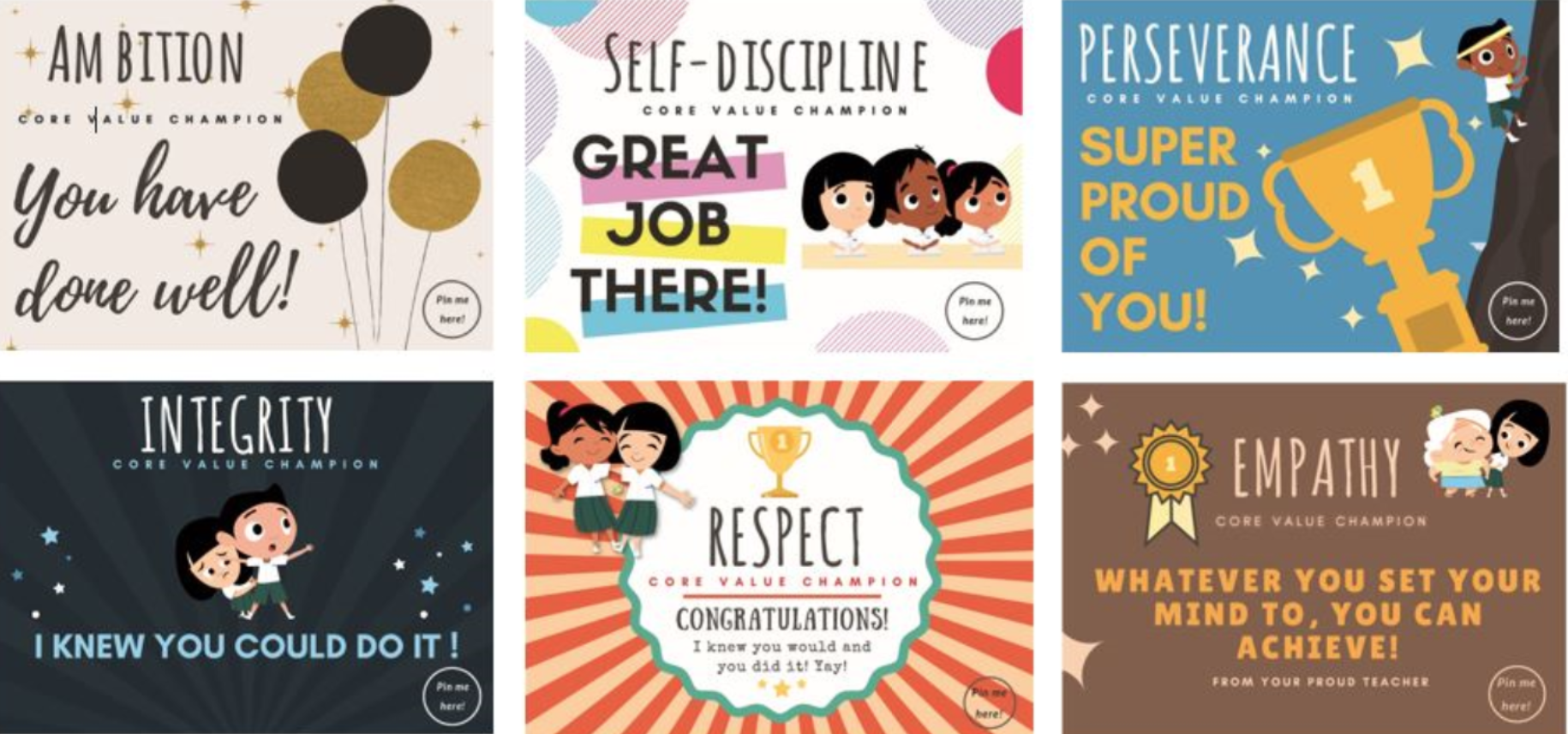 Collection of 6 cards representing school values